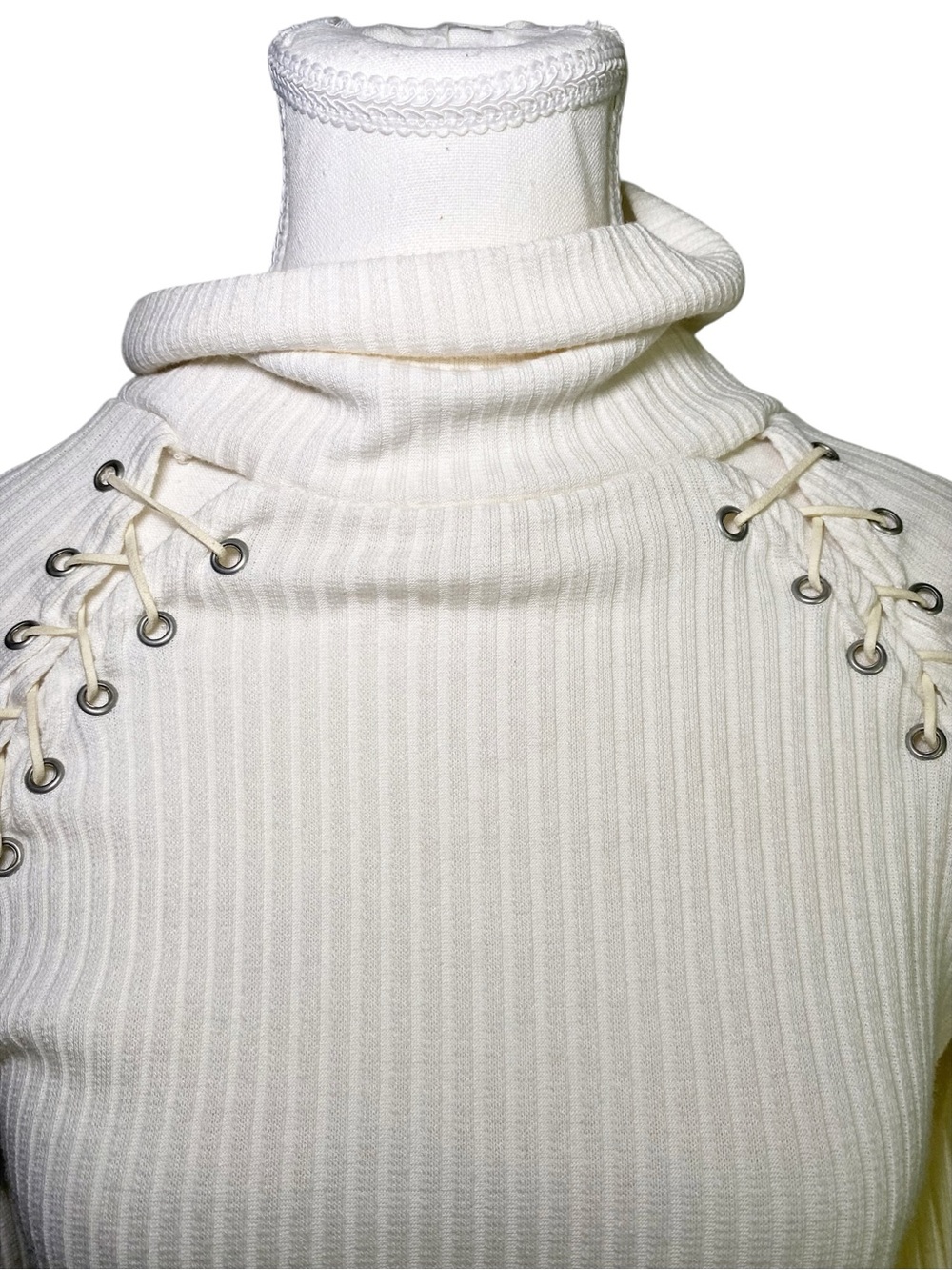 Poof Cream Ribbed Lace-Up Shoulder Turtleneck Size Small - Picture 4 of 15